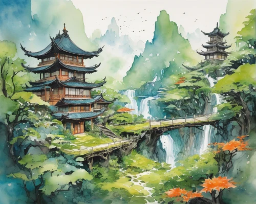 watercolor background,watercolor tea shop,japan landscape,chinese art,oriental painting,watercolor,watercolor shops,watercolor painting,fantasy landscape,guizhou,watercolor tea,landscape background,world digital painting,chinese temple,wuyi,chinese architecture,asian architecture,japanese art,water palace,tsukemono,Illustration,Paper based,Paper Based 07
