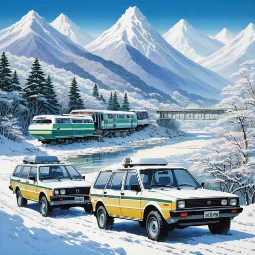 christmas caravan,christmas cars,land rover discovery,commuter cars tango,first generation range rover,christmas retro car,volvo 700 series,winter service,autobianchi bianchina,audi 80,vanagon,triumph dolomite,snow scene,volvo 300 series,motorhomes,passenger cars,fiat 127,car train,chrysler sunbeam,austin allegro,Illustration,Japanese style,Japanese Style 05