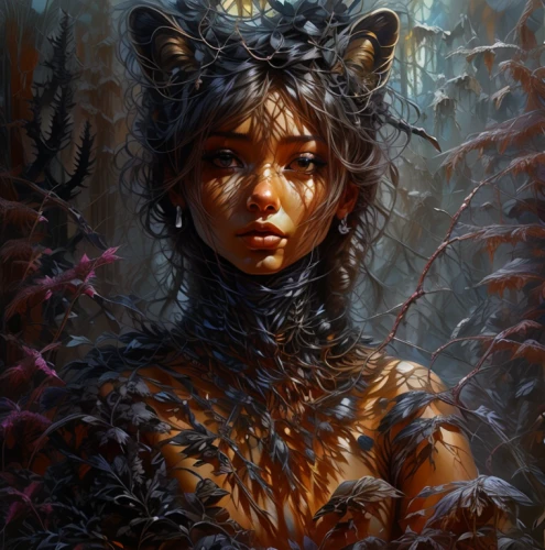 fantasy portrait,feral,dryad,the enchantress,fantasy art,huntress,mystical portrait of a girl,faun,feline,feral cat,masquerade,fae,splintered,symbiotic,thorns,shamanic,wild cat,mirror of souls,faerie,faery