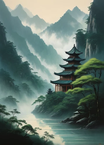 world digital painting,japan landscape,chinese architecture,asian architecture,chinese art,landscape background,oriental painting,chinese temple,mountain landscape,fantasy landscape,oriental,yunnan,golden pavilion,the golden pavilion,guizhou,mountain scene,mountainous landscape,chinese background,home landscape,high landscape,Conceptual Art,Oil color,Oil Color 05