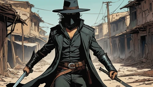 gunfighter,wild west,the wanderer,scythe,cowboy silhouettes,western,western film,drover,rorschach,western riding,stetson,assassin,cowboy,guy fawkes,assassins,pilgrim,mexican revolution,scarecrow,cowboy action shooting,jackal,Illustration,Realistic Fantasy,Realistic Fantasy 23
