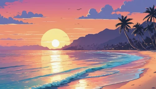 dream beach,tropics,tropical beach,tropical sea,coast sunset,sunset beach,beach scenery,beach landscape,sunrise beach,honolulu,summer background,tropical island,ocean paradise,hawaii,tropical house,sub-tropical,paradise beach,ocean,south seas,ocean background,Illustration,Japanese style,Japanese Style 07