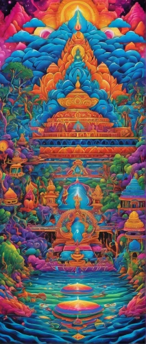 psychedelic art,acid lake,lsd,tapestry,trip computer,kaleidoscope art,pachamama,psychedelic,kaleidoscope,kaleidoscopic,hallucinogenic,kaleidoscope website,sacred art,astral traveler,mantra om,ego death,mushroom landscape,dimensional,rainbow world map,acid,Illustration,Realistic Fantasy,Realistic Fantasy 39