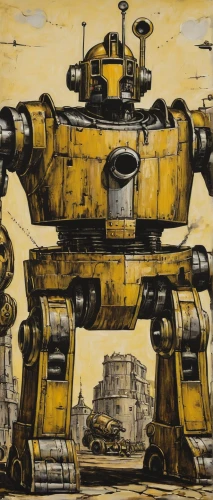 yellow machinery,droids,mecha,deep-submergence rescue vehicle,dreadnought,mech,droid,steampunk,pioneer 10,fallout4,heavy machinery,industrial robot,fallout,tank ship,semi-submersible,atomic age,theodolite,carrack,machinery,robots,Art,Artistic Painting,Artistic Painting 01