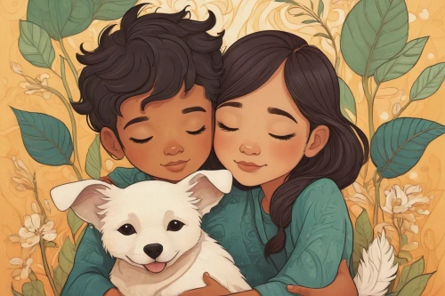 girl with dog,companion dog,dog illustration,boy and dog,kids illustration,dogwood family,birch family,family dog,magnolia family,puppy love,the dog a hug,little boy and girl,puppy pet,puppies,rosa ' amber cover,snuggle,young couple,human and animal,dogbane family,jasmine blossom,Illustration,Japanese style,Japanese Style 15