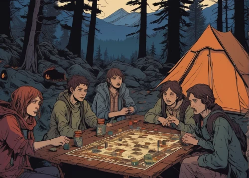 chess game,game illustration,campers,campsite,camping,campfires,campfire,camp fire,chessboard,play chess,chess,campground,chessboards,adventure game,chess men,poker,card game,camping tipi,outdoor life,camp,Illustration,Realistic Fantasy,Realistic Fantasy 12