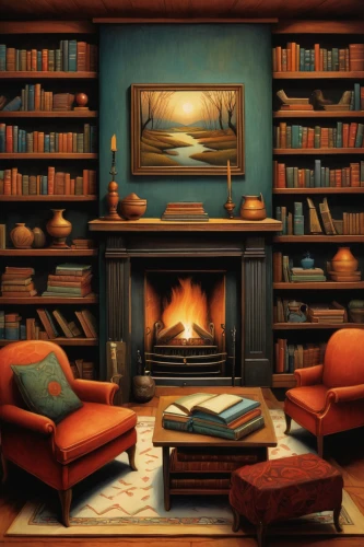 bookshelves,fireplaces,fireplace,fire place,reading room,bookshelf,bookcase,book wall,log fire,warm and cozy,books,book collection,the books,study room,read a book,livingroom,relaxing reading,fireside,book store,coffee and books,Illustration,Abstract Fantasy,Abstract Fantasy 09