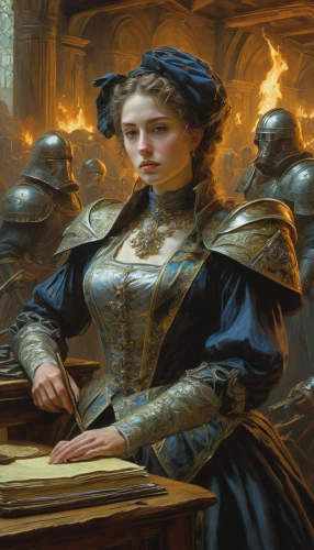 joan of arc,heroic fantasy,women's novels,meticulous painting,candlemaker,fantasy portrait,fantasy art,golden candlestick,sci fiction illustration,girl in a historic way,mystical portrait of a girl,massively multiplayer online role-playing game,librarian,scholar,girl with bread-and-butter,girl studying,binding contract,silversmith,divination,the collector,Illustration,Realistic Fantasy,Realistic Fantasy 03