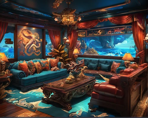 sea fantasy,pirate treasure,under sea,houseboat,pirate ship,galleon ship,caravel,house of the sea,aquanaut,ornate room,blue room,under the sea,aqua studio,aquarium decor,ship travel,game room,underwater playground,deep sea,skylanders,cabin,Conceptual Art,Fantasy,Fantasy 26