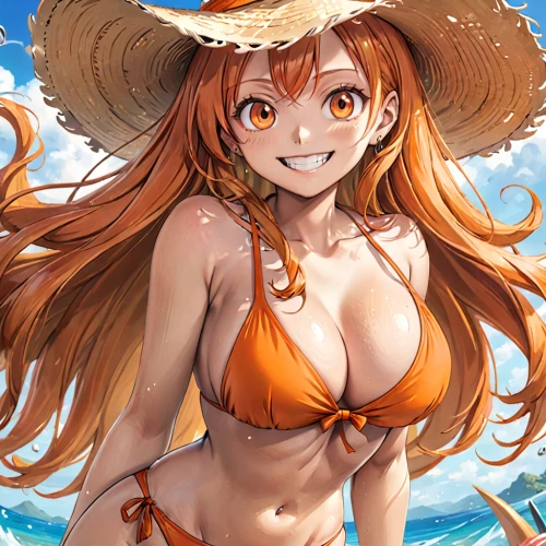 nami,straw hat,one-piece swimsuit,coconut hat,beach background,summer background,summer crown,summer hat,vicuña,summer swimsuit,sun hat,high sun hat,honolulu,summer icons,swimsuit,tamarama,mikuru asahina,aloha,orange,ashitaba,Anime,Anime,General