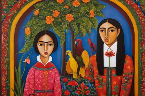 parrot couple,folk art,khokhloma painting,indigenous painting,adam and eve,young couple,man and wife,two people,man and woman,holy family,indian art,loosestrife and pomegranate family,peruvian women,arrowroot family,the annunciation,chiapas,bird couple,songbirds,oil painting on canvas,forest workers,Illustration,Abstract Fantasy,Abstract Fantasy 12