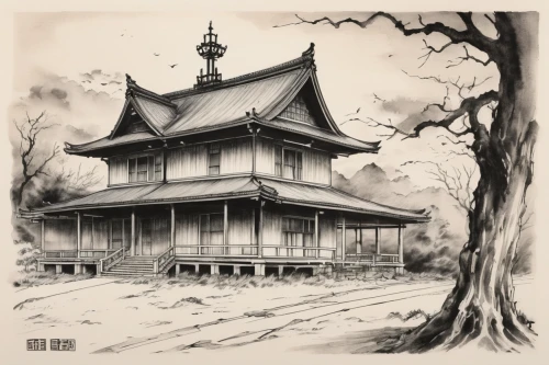 witch's house,house drawing,tsukemono,witch house,wooden houses,wooden house,the golden pavilion,house in the forest,rokuon-ji,winter house,golden pavilion,japanese shrine,old home,ginkaku-ji,shinto shrine,house silhouette,lonely house,ancient house,japanese architecture,ghost castle,Illustration,Paper based,Paper Based 30