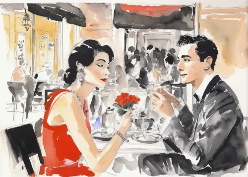 woman at cafe,paris cafe,watercolor cafe,parisian coffee,vintage man and woman,women at cafe,breakfast at tiffany's,courtship,romantic portrait,young couple,woman drinking coffee,man in red dress,watercolor cocktails,coffee tea illustration,bistrot,watercolor paris balcony,vintage illustration,honeymoon,french valentine,café,Art,Artistic Painting,Artistic Painting 24