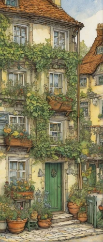 watercolor tea shop,escher village,houses clipart,rothenburg,townhouses,wooden houses,aurora village,watercolor shops,alpine village,watercolor paris balcony,studio ghibli,hanoi,old houses,watercolor cafe,apartment house,cottages,an apartment,hanging houses,row of houses,tenement,Illustration,Paper based,Paper Based 29