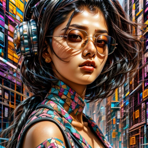 cyberpunk,world digital painting,cyber glasses,digital art,digital painting,asian vision,sci fiction illustration,retro girl,asian woman,digital artwork,digiart,80s,city ​​portrait,retro woman,computer art,librarian,digital illustration,janome chow,asia,fantasy portrait