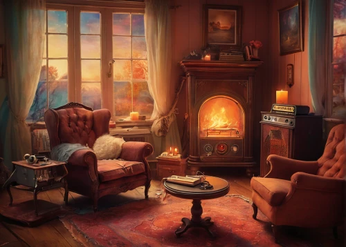 warm and cozy,log fire,warmth,fireplace,fireside,fireplaces,fire place,wood-burning stove,evening atmosphere,winter house,wood stove,warming,sitting room,hygge,christmas fireplace,livingroom,hearth,winter light,winter window,domestic heating,Illustration,Realistic Fantasy,Realistic Fantasy 37