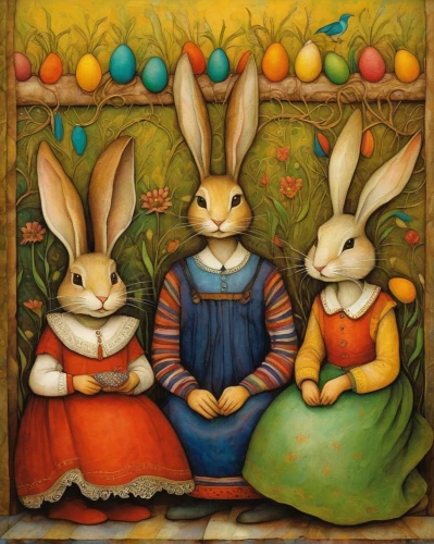 rabbit family,rabbits and hares,easter rabbits,hares,rabbits,female hares,easter card,bunnies,peter rabbit,felted easter,hare window,hare field,hare trail,easter festival,retro easter card,parsley family,easter celebration,easter-colors,fox and hare,arrowroot family,Illustration,Abstract Fantasy,Abstract Fantasy 09