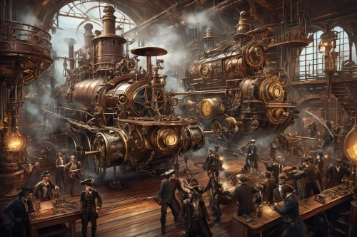 steampunk,steam engine,steampunk gears,steam locomotives,clockmaker,steam power,distillation,merchant train,engine room,steam locomotive,the boiler room,ghost locomotive,apothecary,steam train,sci fiction illustration,metallurgy,machinery,watchmaker,full steam,steam,Conceptual Art,Fantasy,Fantasy 25