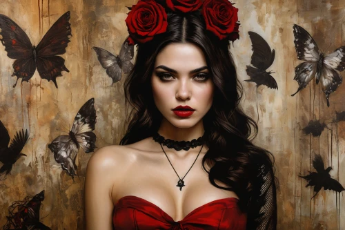 red butterfly,gothic woman,queen of hearts,vampire woman,dark angel,cupido (butterfly),vampire lady,red rose,red ribbon,gothic fashion,gothic portrait,geisha girl,fantasy art,red bow,red roses,red fly,vanessa (butterfly),bleeding heart,valentine day's pin up,passion butterfly,Illustration,Realistic Fantasy,Realistic Fantasy 10