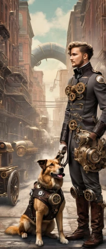 steampunk,schutzhund,hunting dogs,fallout4,sci fiction illustration,bloodhound,german shepards,corgis,king shepherd,fox hunting,swedish vallhund,shepherd mongrel,game illustration,boy and dog,massively multiplayer online role-playing game,companion dog,police dog,courier,fallout,steampunk gears,Conceptual Art,Fantasy,Fantasy 25