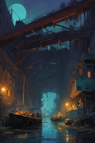 docks,harbor,backwater,fishing village,canals,floating huts,slums,docked,night scene,harbour,boat harbor,seaport,alleyway,evening atmosphere,ship wreck,ancient city,waterfront,boat yard,dock,wharf,Conceptual Art,Sci-Fi,Sci-Fi 01