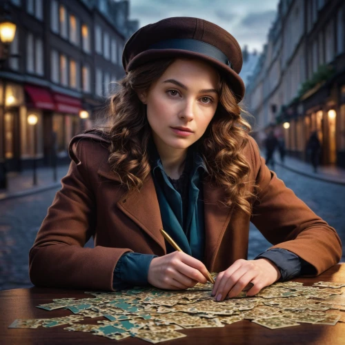 girl wearing hat,hatter,jigsaw puzzle,watchmaker,girl in a historic way,beret,the hat-female,figaro,orsay,digital compositing,clue and white,merchant,girl with bread-and-butter,clove,play escape game live and win,brown hat,british actress,bowler hat,detective,sherlock holmes,Photography,Documentary Photography,Documentary Photography 26