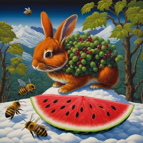 watermelon painting,strawberries,nannyberry,virginia strawberry,strawberry,whimsical animals,frutti di bosco,strawberry tree,strawberry jam,anthropomorphized animals,watermelon background,strawberries falcon,rabbits and hares,children's background,red strawberry,watermelons,wildberry,summer still-life,watermelon,hoppy,Illustration,Realistic Fantasy,Realistic Fantasy 08