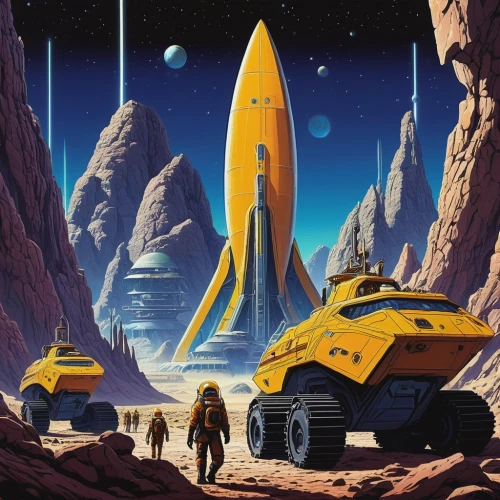 futuristic landscape,starship,trek,space ships,mission to mars,sci - fi,sci-fi,sci fi,sci fiction illustration,moon car,spaceship space,space craft,moon vehicle,spaceships,space voyage,spaceship,science fiction,space tourism,space ship,deep-submergence rescue vehicle,Illustration,Japanese style,Japanese Style 20