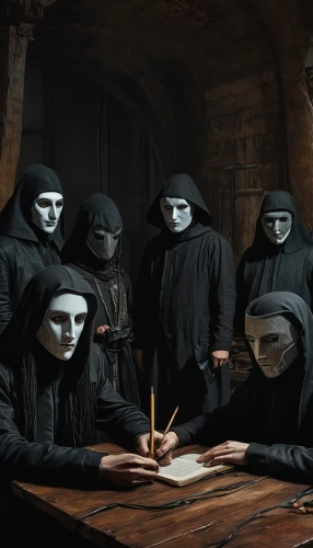 money heist,nuns,ball fortune tellers,monks,anonymous,holy supper,danse macabre,the nun,black table,ouija board,last supper,divination,clergy,pentagram,occult,jigsaw,dance of death,the order of the fields,conceptual photography,kettledrums,Illustration,Abstract Fantasy,Abstract Fantasy 16