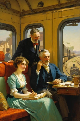 train of thought,train compartment,breakfast on board of the iron,coaches and locomotive on rails,charter train,train ride,long-distance train,passenger car,bus from 1903,early train,the train,private railway,railway carriage,passenger train,men sitting,the victorian era,passenger cars,merchant train,children studying,amtrak,Art,Classical Oil Painting,Classical Oil Painting 42