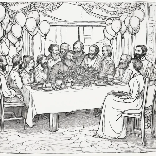 coloring page,last supper,dinner party,holy supper,coloring pages,hand-drawn illustration,a party,july 1888,pesach,kristbaum ball,passover,tablescape,persian new year's table,round table,christmas circle,mitzvah,birthday table,coloring picture,exclusive banquet,birthday party,Illustration,Black and White,Black and White 29