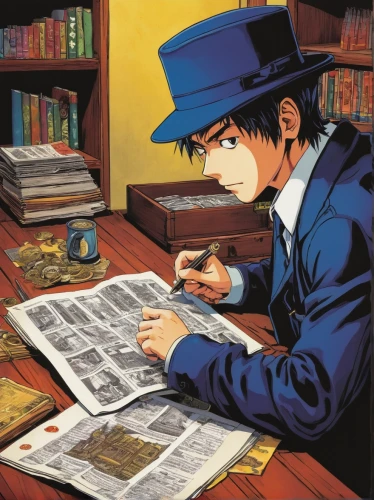 detective conan,detective,bookworm,inspector,sherlock holmes,reading the newspaper,newspaper reading,scholar,hatter,reading magnifying glass,yukio,typesetting,examining,watchmaker,lupin,reading,paperwork,holmes,investigator,jigsaw puzzle,Illustration,Japanese style,Japanese Style 05