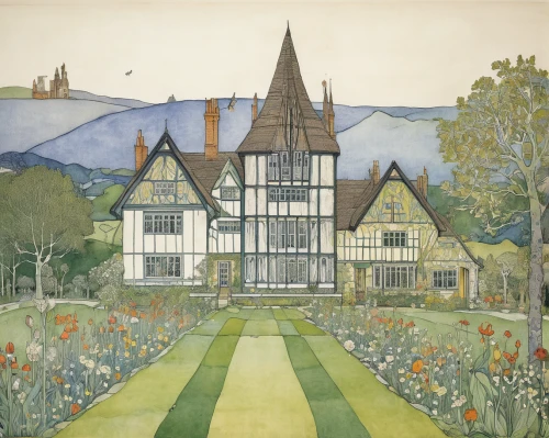 elizabethan manor house,sussex,english garden,half timbered,half-timbered,house painting,lavenham,downton abbey,henry g marquand house,house drawing,country hotel,country house,garden elevation,manor,falkland,stately home,woodhouse,croquet,tudor,england,Illustration,Retro,Retro 23