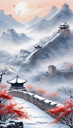 chinese art,japan landscape,world digital painting,landscape background,fantasy landscape,japanese art,oriental painting,mountain landscape,mountainous landscape,japanese background,mountain scene,chinese background,japanese mountains,chinese clouds,yunnan,winter landscape,great wall,high landscape,cartoon video game background,panoramic landscape,Illustration,Realistic Fantasy,Realistic Fantasy 01