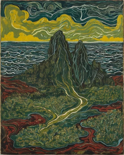 vincent van gough,el mar,navajo bay,an island far away landscape,volcanic landscape,aeolian landform,vesuvius,mountain scene,volcanism,lava,tofino,volcano,lava river,mountain and sea,karst landscape,braque d'auvergne,volcanic field,archipelago,david bates,coastal landscape,Art,Artistic Painting,Artistic Painting 07