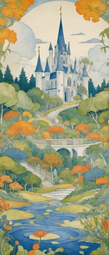 fairy tale castle,disney castle,fairytale castle,art nouveau,studio ghibli,fairy tale,camelot,water castle,tokyo disneyland,disney-land,art nouveau design,chambord,chateau,moated castle,a fairy tale,fairytale,knight's castle,castel,dunrobin,children's fairy tale,Illustration,Retro,Retro 23