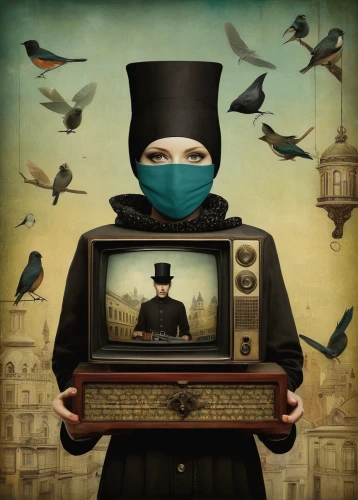panopticon,television,television program,surrealism,fish-surgeon,watch tv,analog television,tv,tv channel,streampunk,black hat,television accessory,the gramophone,the illusion,clockmaker,hdtv,surrealistic,cd cover,watchmaker,tv show,Illustration,Realistic Fantasy,Realistic Fantasy 35