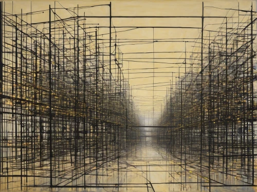 klaus rinke's time field,scaffolding,matruschka,panopticon,frame drawing,scaffold,steel scaffolding,anechoic,ventilation grid,wireframe,andreas cross,mondrian,arbitrary confinement,repetition,formwork,underconstruction,vanishing point,lattice,corrugated cardboard,cage,Conceptual Art,Oil color,Oil Color 15