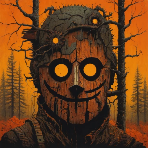 woodsman,wooden mask,autumn icon,chainsaw,halloween poster,dead wood,forest man,rust-orange,scarecrow,wooden man,halloween illustration,deforested,metal rust,hag,jack-o-lantern,jack-o'-lantern,death's-head,autumn theme,death's head,skull mask,Conceptual Art,Sci-Fi,Sci-Fi 17