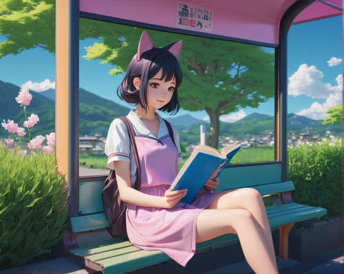 reading,bus stop,girl studying,sitting on a chair,sakura background,tea and books,bookworm,relaxing reading,book store,sakura florals,japanese sakura background,read a book,busstop,coffee and books,anime japanese clothing,ice cream stand,azusa nakano k-on,bookstore,watercolor cafe,sakura flowers,Illustration,Japanese style,Japanese Style 08