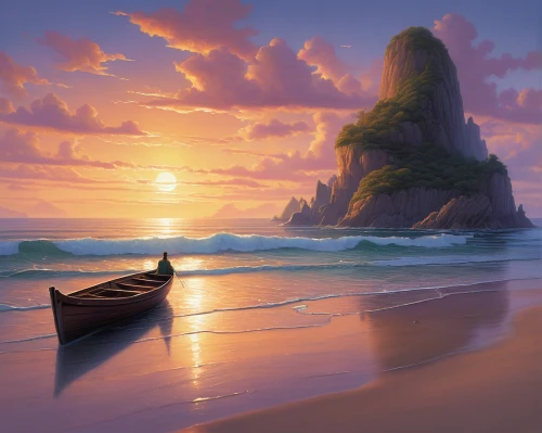 beach landscape,sea landscape,boat landscape,coastal landscape,fantasy landscape,seascape,old wooden boat at sunrise,dream beach,landscape background,sailing boat,beach scenery,sailing-boat,beautiful beach,sunrise beach,mountain beach,beautiful beaches,an island far away landscape,fantasy picture,boat on sea,sailboat,Conceptual Art,Fantasy,Fantasy 28