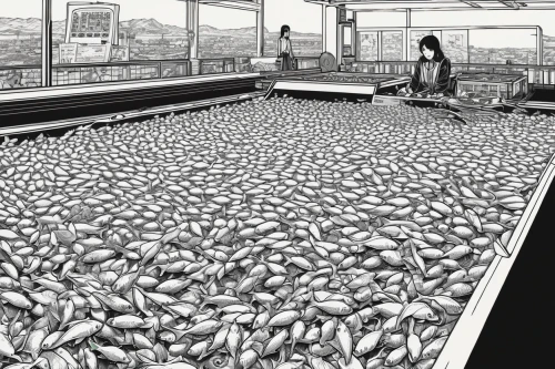 fish market,fish supply,salt farming,fish farm,salted fish,daikon,aquaculture,supermarket,winter corn,vegetable market,school of fish,chicken farm,the shrimp farm,corn,potato field,corn ordinary,salt extraction,bullet shells,seed stand,soybeans,Illustration,Black and White,Black and White 16