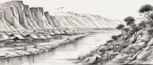 karst landscape,hoodoos,mountainous landforms,huashan,pancake rocks,cliff dwelling,canyon,mountainous landscape,ancient city,mountain valleys,limestone cliff,arid landscape,yellow mountains,the valley of the,cliffs,narrows,shaanxi province,mountain plateau,mountain settlement,river of life project,Illustration,Black and White,Black and White 34