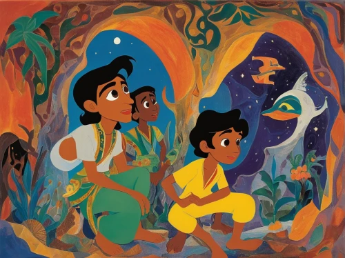 aladdin,happy children playing in the forest,arrowroot family,mowgli,the three magi,khokhloma painting,aladha,forest workers,children studying,holy family,fairy tale icons,indigenous painting,nativity,animal kingdom,lilo,capricorn mother and child,aladin,monkey island,children's fairy tale,mother with children,Art,Artistic Painting,Artistic Painting 38