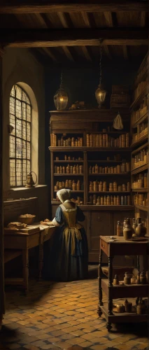 apothecary,candlemaker,pantry,pharmacy,brandy shop,merchant,victorian kitchen,watchmaker,potions,clockmaker,girl in the kitchen,tinsmith,the kitchen,meticulous painting,bakery,cookery,tavern,study room,bookshop,yeast extract,Art,Classical Oil Painting,Classical Oil Painting 07