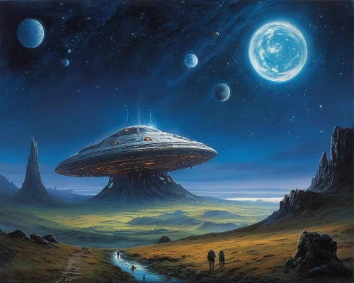 ufo,science fiction,ufos,extraterrestrial life,alien planet,saucer,alien world,flying saucer,science-fiction,futuristic landscape,ufo intercept,brauseufo,alien ship,compans-cafarelli,sci fiction illustration,heliosphere,starship,sci fi,planet alien sky,sci-fi,Art,Classical Oil Painting,Classical Oil Painting 13