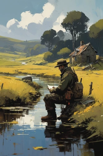 prairie,plains,swampy landscape,marsh,fisherman,rural landscape,home landscape,digital nomads,the wanderer,rural,yellow grass,freshwater marsh,game illustration,backwater,grasslands,shepherd,nomads,world digital painting,study,farmstead,Conceptual Art,Sci-Fi,Sci-Fi 01