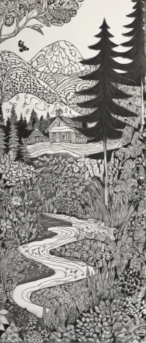 cool woodblock images,woodcut,woodblock prints,salt meadow landscape,woodblock printing,spruce forest,cartoon forest,coniferous forest,forest landscape,hand-drawn illustration,the forests,brook landscape,escher,forests,pen drawing,spruce-fir forest,trees with stitching,mountain scene,temperate coniferous forest,mountainous landscape,Illustration,Black and White,Black and White 11