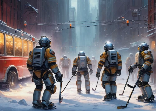 firefighters,storm troops,first responders,firemen,fire fighters,volunteer firefighters,ice bears,sci fiction illustration,fire-fighting,civil defense,rescue workers,droids,winter service,patrols,firefighter,ski race,high-visibility clothing,beekeepers,sci fi,firefighting,Illustration,Realistic Fantasy,Realistic Fantasy 16