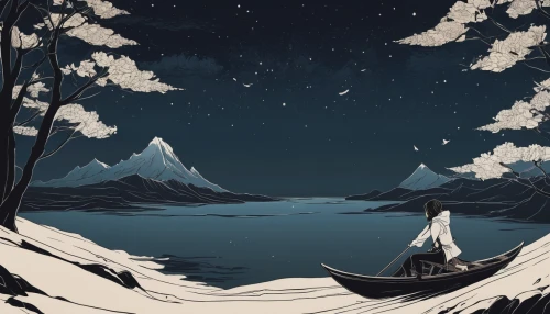 canoeing,midnight snow,night snow,boat landscape,moonlit night,mountainlake,adrift,moonlight,snowy peaks,winter dream,glacial lake,the night sky,snowfield,starry sky,nightsky,the night of kupala,moonlit,snow mountain,mountain lake,eternal snow,Illustration,Black and White,Black and White 02